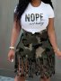 Plus Size Casual Outfits Two Piece Set Women's Plus Camo & Slogan Print Short Sleeve Round Neck Top & Fringe Trim Shorts Outfits 2 Piece Set