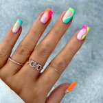 24PCS Glossy Medium Square Fake Nails Pinkish Press On Nails With Colorful Stripe Design Sweet And Cute False Nails For Women Gi