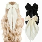 2 Pcs Long Satin Bow Hair Clips - Perfect For Dressing Up Your Hair - Suitable For Casual Occasions - Made Of Polyester Fiber