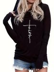 Faith Print Hooded T-Shirt Casual Long Sleeve Top For Spring & Fall Women's Clothing