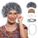 Genmeifbh Old Lady Wig Costume Set Gray Hair Grandma Wig Granny Costume Set With Hair Cap Glasses Glasses Chain And Pearl Neckla