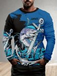 Men's Stylish Fish Print Long Sleeve T-Shirt - Casual & Versatile Breathable Polyester Machine Washable - Perfect For Outdoor Ac