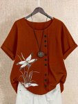 Plus Size Dragonfly Pattern Button Decor Blouse Casual Crew Neck Short Sleeve Top For Spring & Summer Women's Plus Size Clothing
