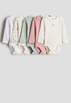 5-PACK Long-sleeved Bodysuits - White Pink Green Multi