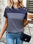 Striped Print Crew Neck T-Shirt Casual Short Sleeve T-Shirt For Spring & Summer Women's Clothing