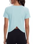 Quenteen Womens Open Back Workout Tops Cropped Gym Shirts Loose Fit Short Yoga Flowy Backless Short Length T Shirt Light Blue XL