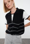Zippered Striped Polo Neck Knit Sweater - Black