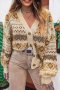Khaki Western Pattern Knitted Button V Neck Cardigan Sweater - Khaki / XL UK14-16 SA38-40