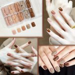 150PCS Fall Winter Fake Nails Glossy Brown Grey Press On Nails Short Square Fake Nails Minimalist Style False Nails Solid Color
