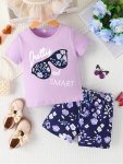 Children's Casual Spring autumn Set Round Neck Alphabet Print Short Sleeve Top And Shorts Soft Polyester Blend Fabric Machine Wa