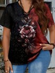 Plus Size Floral Print T-Shirt Casual V Neck Short Sleeve T-Shirt Women's Plus Sizeclothing