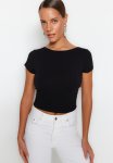 Decollete Crop Cotton Stretch Knitted Blouse - Schwarz