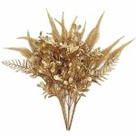 Pasyou Fake Plants Gold Flowers Bouquet Christmas Decoration Artificial Shrubs Plastic Grass Leaves Indoor Outdoor Home Garden P