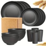 Sustainable 16PCS Tableware Set - Includes Plates Bowls & Cups Durable Wheat Straw Material Microwave & Dishwasher Safe Perfect