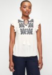 Edit Notch Neck Ruffle Top With Embroidery Detail - White navy