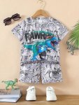 2PCS Boys Casual White Short Sleeve T-Shirt & Cartoon Style Shorts Set Comic Style Dinosaur Print Comfy Summer Clothing For Boys