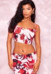 Floral Print Plisse Strappy Cowl Neck Top - Multi