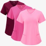 3 Packs V Neck Scrub Tops Short Sleeve Patched Pockets Nurse Uniform Women's Clothing