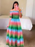 Gradient Print Tiered Dress Casual Off Shoulder Shirred Party Dress Women's Clothing