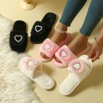 Rhinestone Heart Decor Slippers Casual Open Toe Plush Shoes Comfortable Indoor Home Slippers