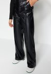 Faux Leather Wide Leg Ribbed High Waist Trousers - Black