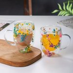 Elegant Glass Mugs With Irregular Dried Flowers - 350ML And 250ML Options - Perfect For Juice Coffee Or Tea - Suitable For Home