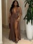 V-neck Back Tie Front Slit Backless Pleated Bodycon Dress