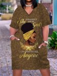 Plus Size Casual Dress Women's Plus Cartoon Figure & Floral & Slogan Print Short Sleeve V Neck Medium Stretch Dress With Pockets
