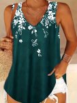 Plus Size Leaf Print Tank Top Vacation Style V Neck Sleeveless Tank Top For Summer Women's Plus Size Clothing