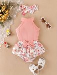 Baby Girl's 3PCS Cute Outfit Ribbed Knit Halter Top + Floral Bowknot Shorts + Headband Set