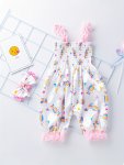 2PCS Infant Baby Girls Cute Candy Graphic Print Thin Strap Romper & Headband Set Super Sweet Clothes Coquette Style