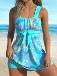 Tie Dye One Piece Set Tankini Allover Print Tie Cami Top & Shorts Swimsuits Women's Swimwear & Clothing