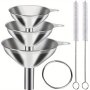 Stainless Steel Funnels Set Of 5 Metal Kitchen Funnels With 2 Cleaning Brushes Food Grade Flask Funnels For Bottles Liquor Water Spices - 3 Sizes