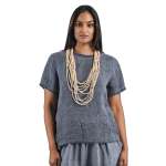 Overdyed Ribbed Neckline Linen Top - Navy L xl
