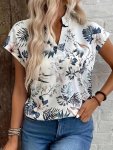 Plant Print Notch Neck Blouse Casual Short Sleeve Blouse For Spring & Summer Women's Clothing