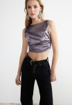 Woven Tie Detailed Satin Blouse - Grey