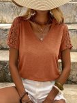 LaCie Lace Splicing V Neck T-Shirt Casual Short Sleeve Top For Spring & Summer Women's Clothing