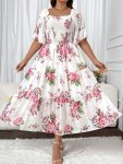 Plus Size Romantic Dress Women's Plus Floral Print Shirred Butterfly Sleeve Square Neck Smock Maxi Dress