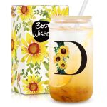 Frerdui Birthday Gifts For Women Initial Glass Cups W Lids And Straws Sunflower Gifts For Women Personalized Gift 16OZ Glass Tum