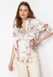 Beige Floral Print Oversize Satin Shirt - Beige
