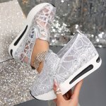 All-season Fashion Sneakers For Women With Sequins Breathable Hollow-out Lace Pattern Comfortable Slip-on Low Top Casual Shoes W