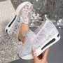 All-season Fashion Sneakers For Women With Sequins Breathable Hollow-out Lace Pattern Comfortable Slip-on Low Top Casual Shoes With Rubber Sole And Fabric Lining