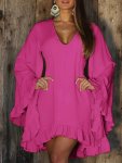 Plus Size Solid Ruffle Trim V Neck Dress Casual Long Sleeve Dress For Spring & Fall Women's Plus Size Clothing
