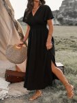 Plus Size Solid Shirred Cinched Waist Dress Casual Surplice Neck Short Sleeve Slit Dress For Spring & Summer Women's Plus Size C