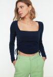 Square Collar Shirring Detail slippery Top With Crop - Navy Blue