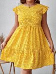 Plus Size All Over Print Ruffle Hem Dress Elegant Crew Neck Flutter Sleeve Dress Women's Plus Size Clothing