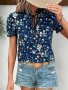 Floral Print Tie Neck Blouse Casual Short Puff Sleeve Top For Spring & Summer Women's Clothing