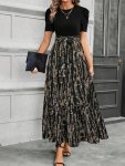 Graphic Print Crew Neck Splicing Dress Elegant Short Sleeve Tie Waist Maxi Dress For Spring & Summer Women's Clothing