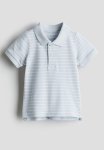 Cotton Piqu Polo Shirt - Dusty Blue & White Striped