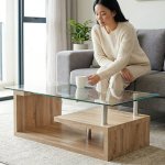 Tempered Glass Top Coffee Table With Oak Base - Brown